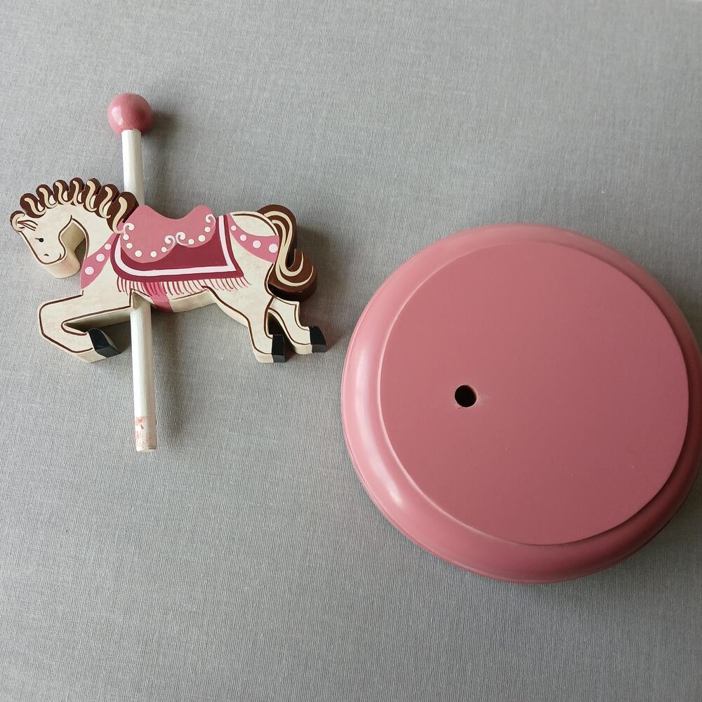 Vintage Handmade Wooden Carousel Horse Music Box pink "Dancer" 5"diameter 7.5"H - Picture 5 of 10